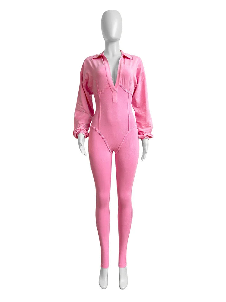 Weird Puss Washed Distressed Jumpsuit Women Ribbed V-Neck Solid SKinny Long Sleeve Fall Casual Trend Simple Activity Streetwear