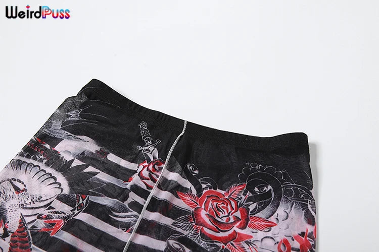 Weird Puss Aesthetic Print Sexy Women 2 Piece Set See Through Midnight Spring Turtleneck Crop Tops+Pants Stretch Skinny Clubwear