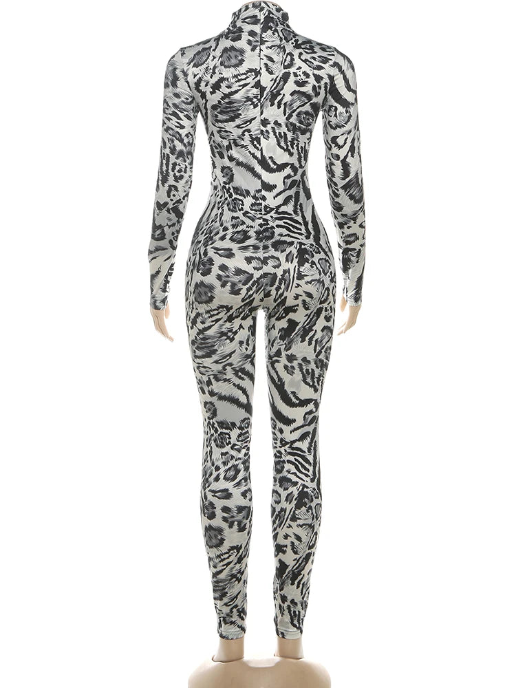 Nibber Peach Hip Leopard Print Jumpsuit Woman Autumn Trend Turtleneck Full Sleeve Skinny Hottie Midnight Sexy Fashion Overalls