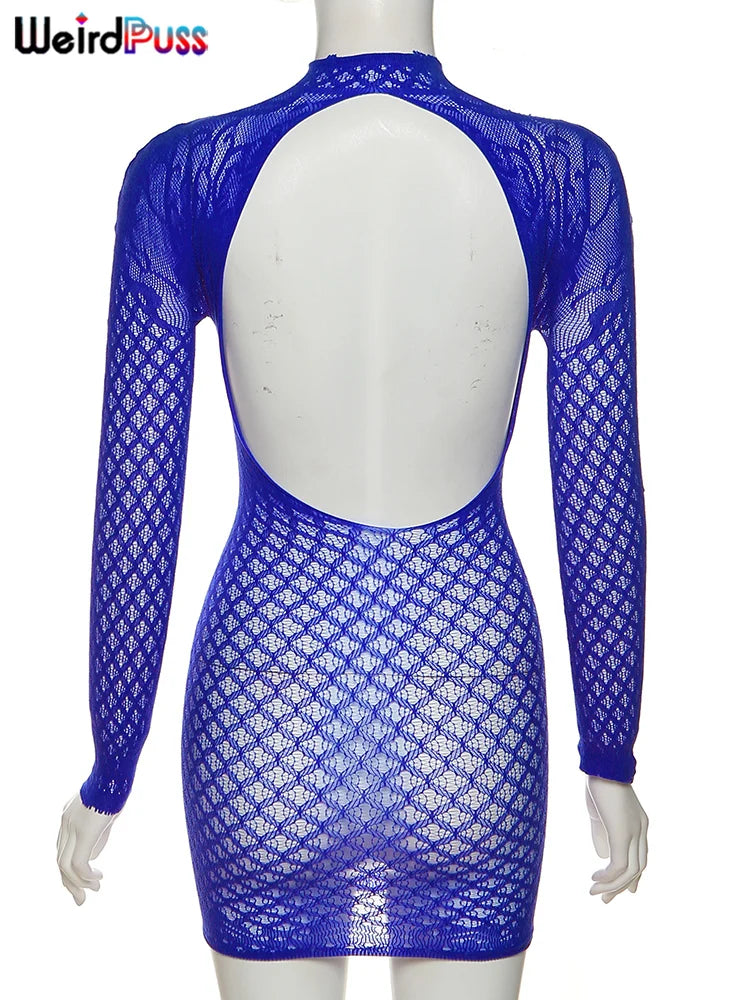 Weird Puss Sexy Women Dress See Through Long Sleeve Prom Coquette Backless Chic Pattern Mini Bodycon Midnight Party Clubwear