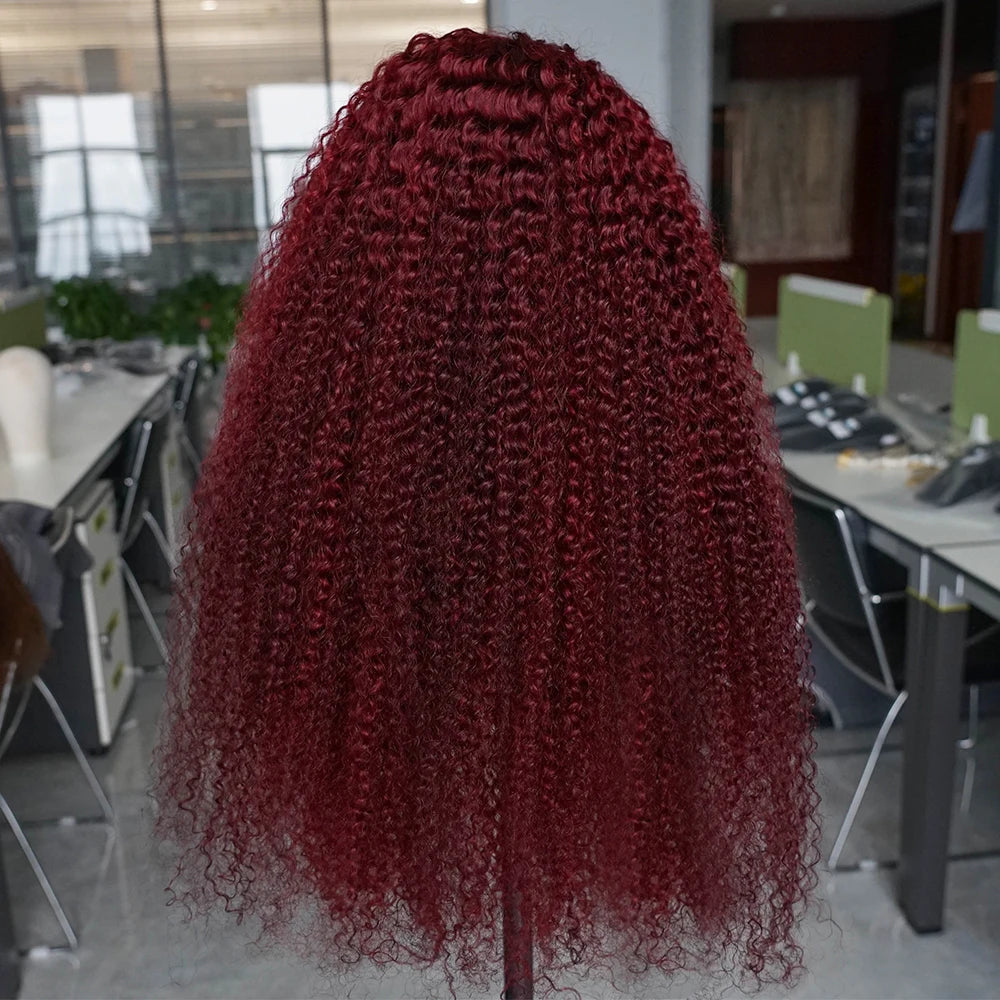 300% Density Kinky Curly 99J Burgundy Colored Human Hair Wig Pre-plucked Transparent Lace Front Wigs Baby Hair Color Wigs