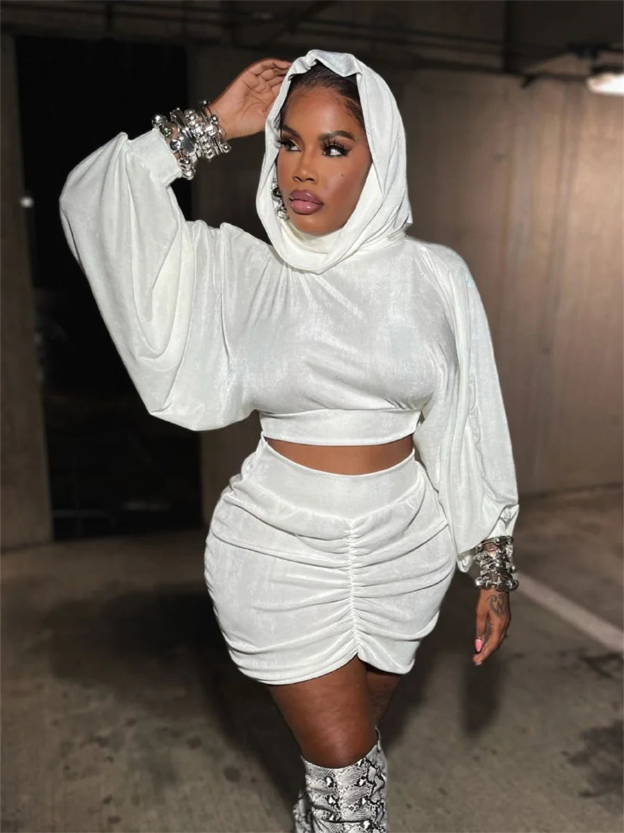 Weird Puss Sexy Hooded 2 Piece Set Women Basic Lantern Sleeves Crop Tops+Ruched Peach Buttocks Skirt Stretch Party Club Bodycon