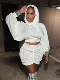 Weird Puss Sexy Hooded 2 Piece Set Women Basic Lantern Sleeves Crop Tops+Ruched Peach Buttocks Skirt Stretch Party Club Bodycon