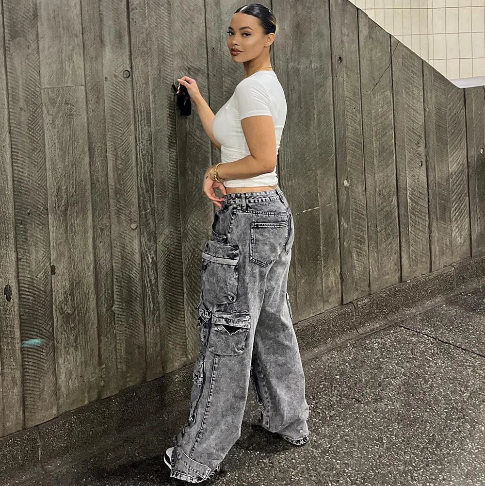 Women's Straight Jeans Fashion Trend Multi-Pocket Large Size Overalls Women