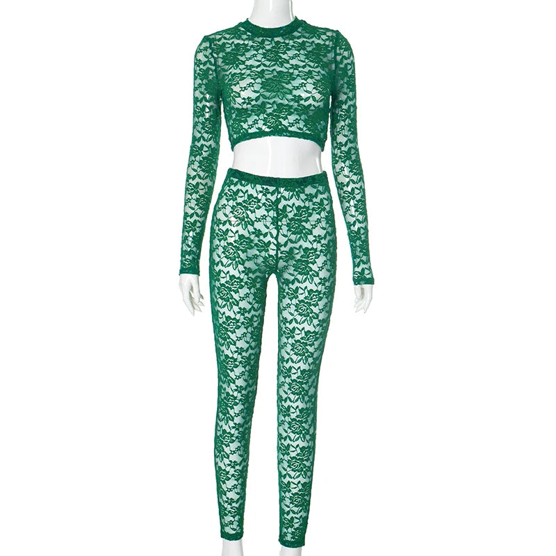 Weird Puss Sexy Jacquard 2 Piece Set Women See Through O-Neck Crop Tops+Leggings Skinny Stretch Matching Midnight Party Clubwear