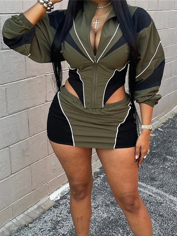 Weird Puss Contrast Patchwork 2 Piece Set Women Zipper Cardigan Irregular Hem Jacket+Skinny Mini Skirts Casual Sporty Tracksuits