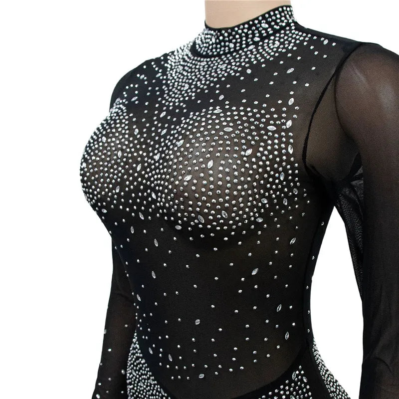 High Quality 2022 Long Sleeve Skinny Sexy Diamonds Jumpsuits Women High Neck Mesh See Through Black Club Party Jumpsuit Rompers