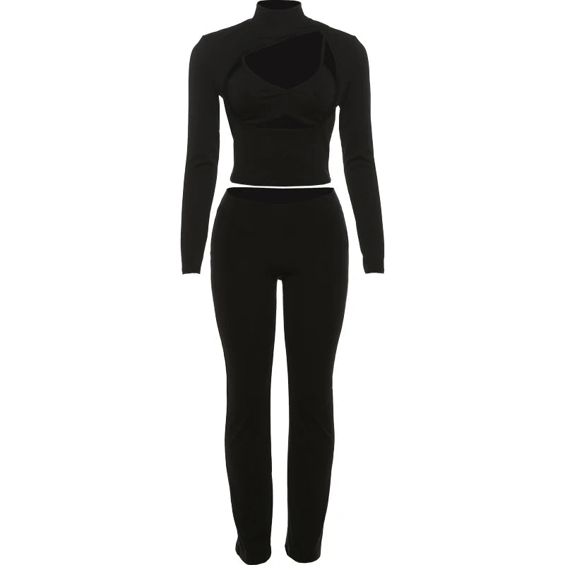 Weird Puss Sexy Hipster 3 Piece Set Woman Camisole+Turtleneck Hollow Full Sleeve Crop Tops+Pants Street Stretch Street Outfits