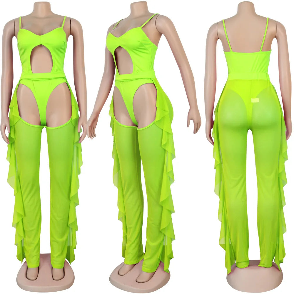 Weird Puss Summer 2 Piece Set Women Sexy Hollow See Through Bodysuit Top+Ruffles Pants Vacation Beach Matching Clubwear Outfits