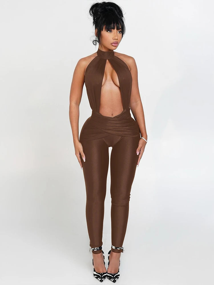Weird Puss Halter Backless Jumpsuit Woman Sexy Hollow Fit Patchwork Waist Ruched Midnight Activity Workout Streetwear Overalls