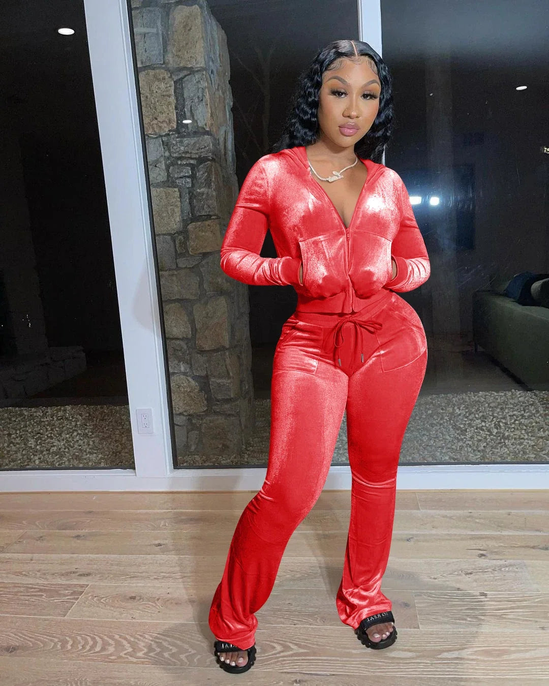 Fashion Trend Gold Velvet Pocket Hoodie Zipper Sweater Wide Leg Pants Two-piece Women's Suit