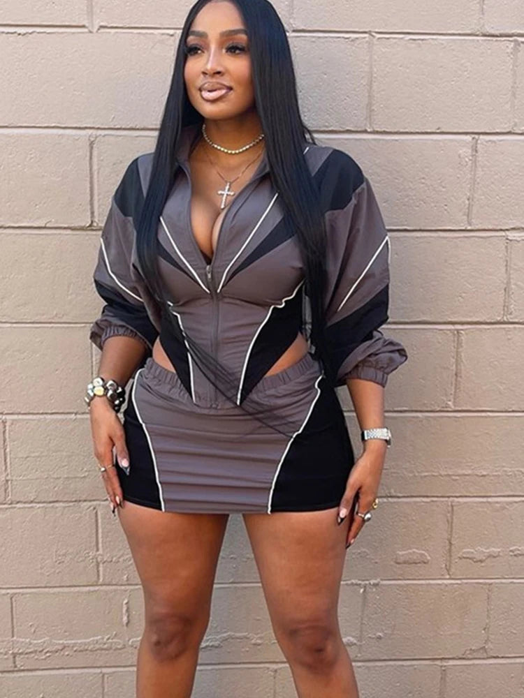 Weird Puss Contrast Patchwork 2 Piece Set Women Zipper Cardigan Irregular Hem Jacket+Skinny Mini Skirts Casual Sporty Tracksuits