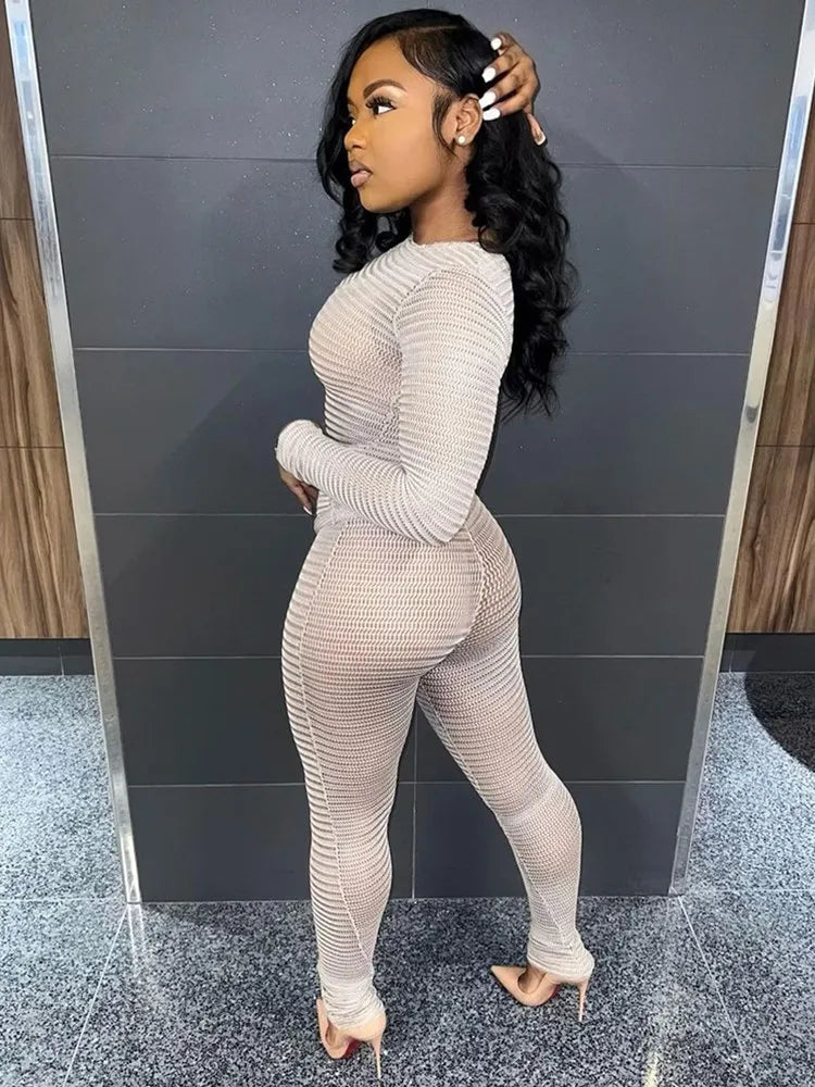 Weird Puss See Through Women 2 Piece Set Thin Sexy Long Sleeve Crop Tops+Leggings Matching Solid Summer Fashion Stretch Clubwear