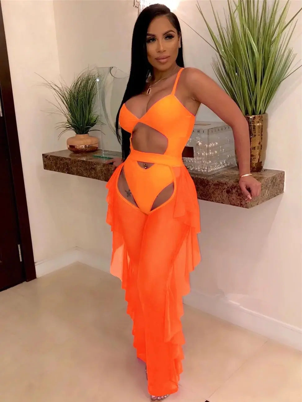 Weird Puss Summer 2 Piece Set Women Sexy Hollow See Through Bodysuit Top+Ruffles Pants Vacation Beach Matching Clubwear Outfits
