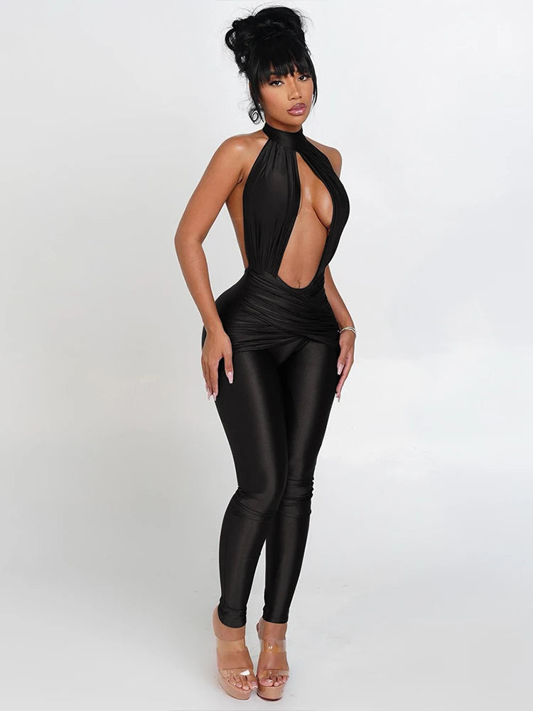 Weird Puss Halter Backless Jumpsuit Woman Sexy Hollow Fit Patchwork Waist Ruched Midnight Activity Workout Streetwear Overalls