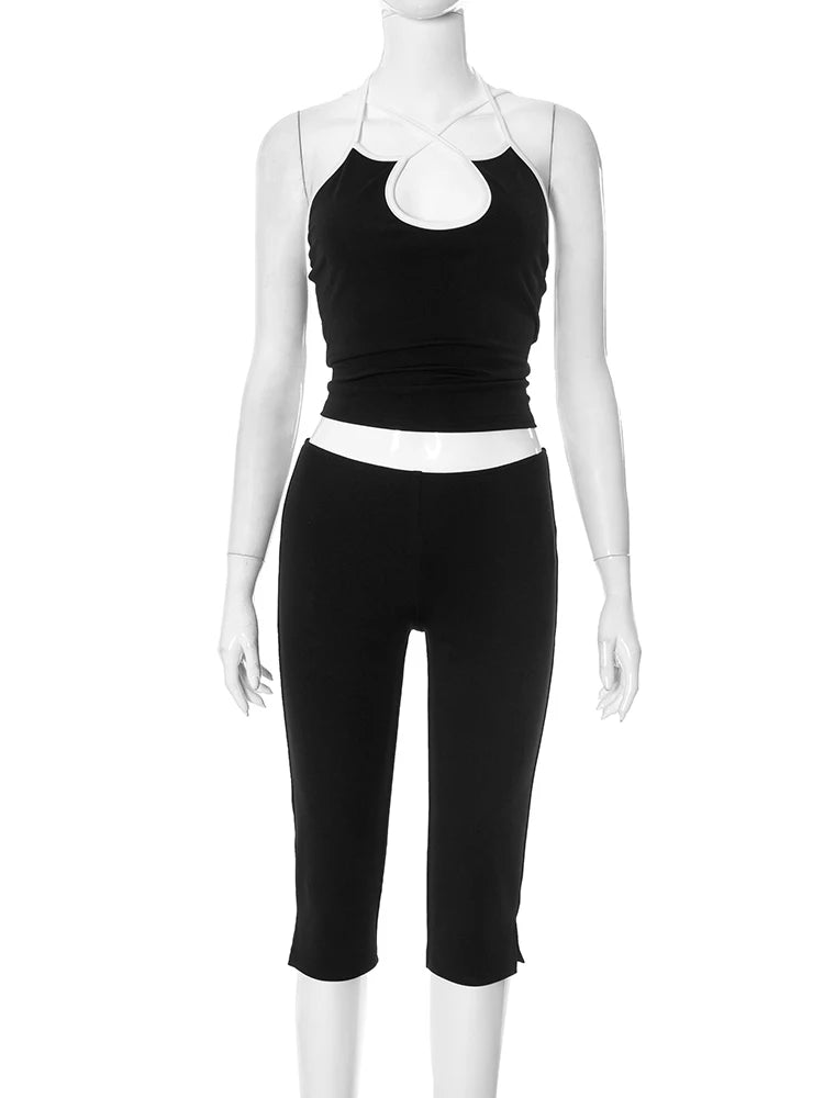 Weird Puss Casual Tracksuit 2 Piece Set Women Contrast Lace-Up Halter Backless Camisole+Stretch Pants Simple Fashion Outfits