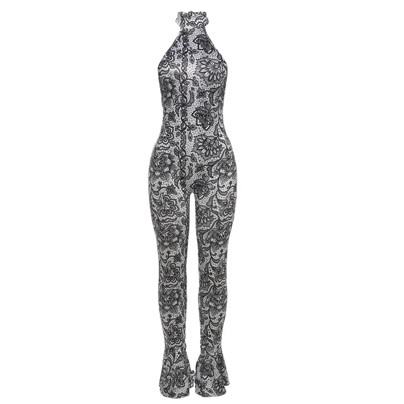 Weird Puss Backless Jumpsuit Women Sexy Summer Sleeveless Tight Arabesques Midnight Stretch Peach Buttocks Streetwear Overalls