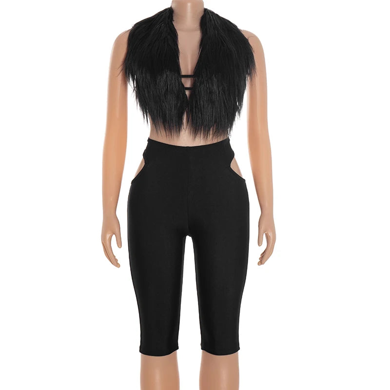 Weird Puss Furry Sexy 2 Piece Set Women Tracksuit Backless Tank Tops+High Waist Hollow Bike Shorts Nightclub Matching Outfits