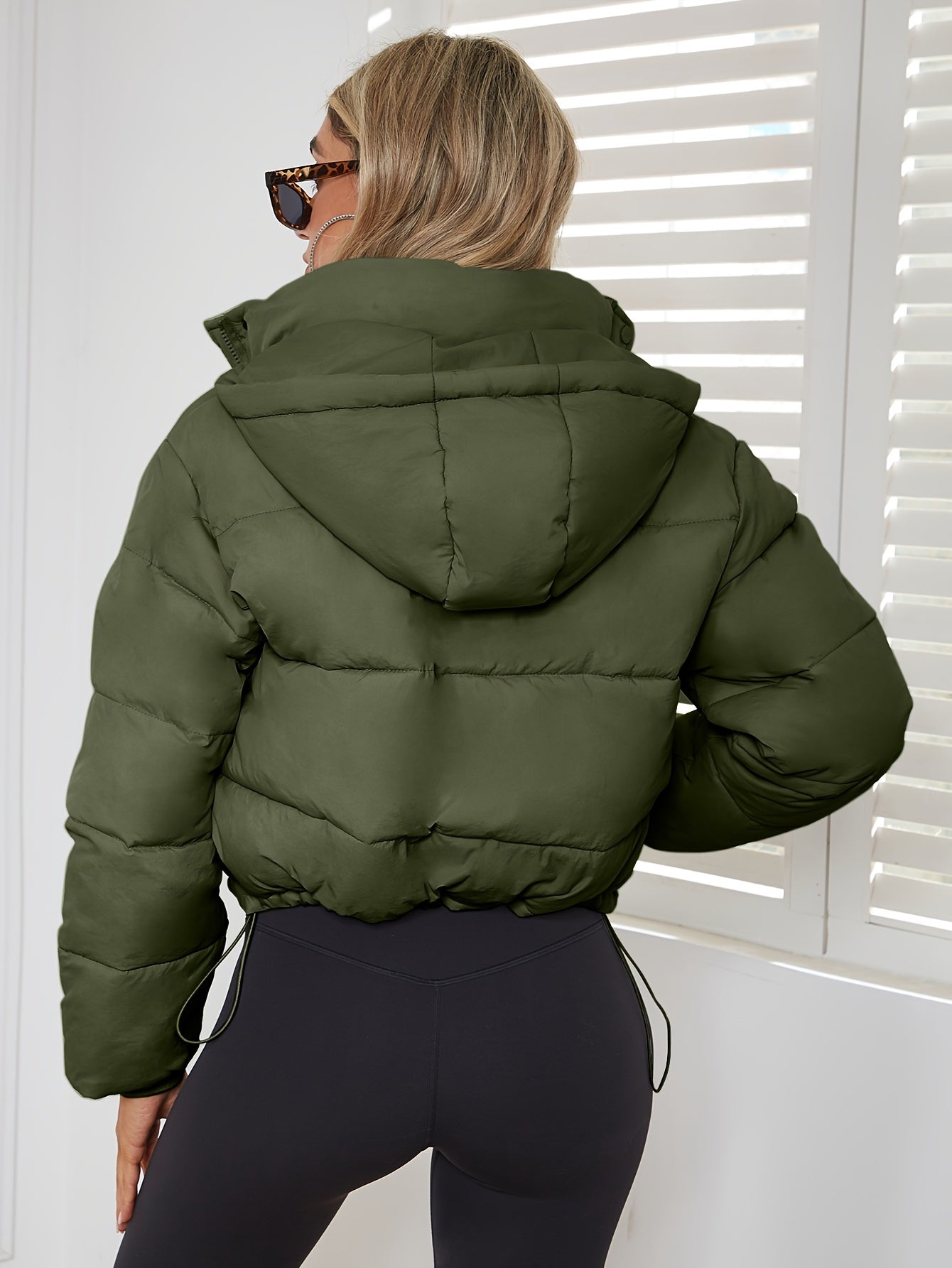 Women's Stylish Black Hooded Puffer Jacket - Casual Short Warm Outerwear with Drawstring Design, Long Sleeves, and Button-Up Front for Winter Comfort, Winter Jacket