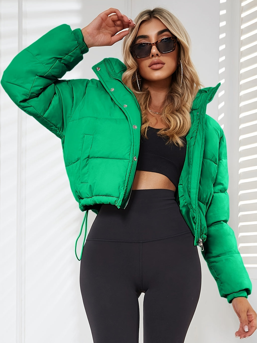 Women's Stylish Black Hooded Puffer Jacket - Casual Short Warm Outerwear with Drawstring Design, Long Sleeves, and Button-Up Front for Winter Comfort, Winter Jacket